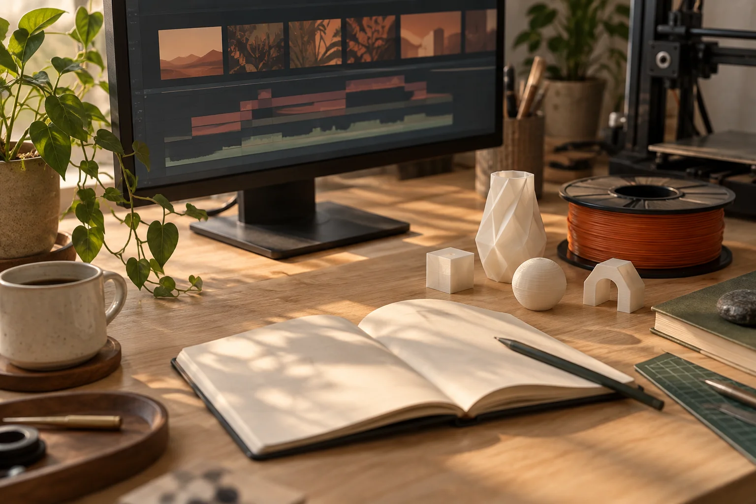 動画のタイムラインと3Dプリントの小物が並ぶ机を描いた、AI制作のイメージ